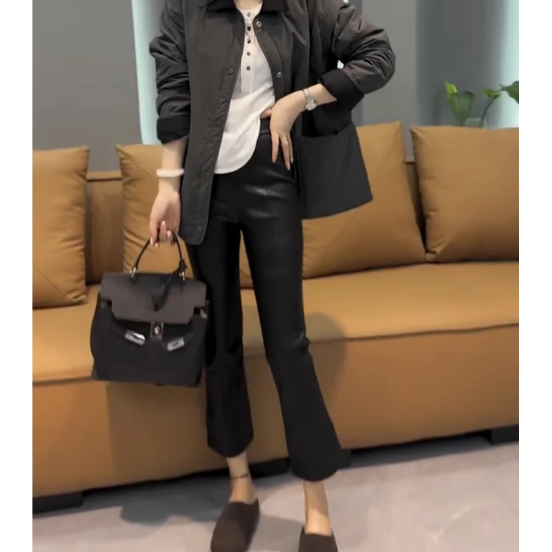 休闲裤女2024年新款冬季爆款九分裤子加绒加厚显瘦时尚黑色微喇裤