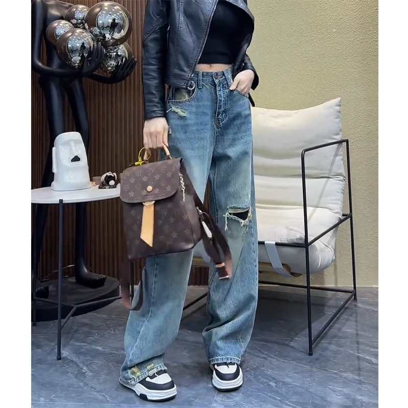 牛仔裤女士2025年新款爆款裤子秋季小个子蓝色宽松破洞阔腿裤时尚