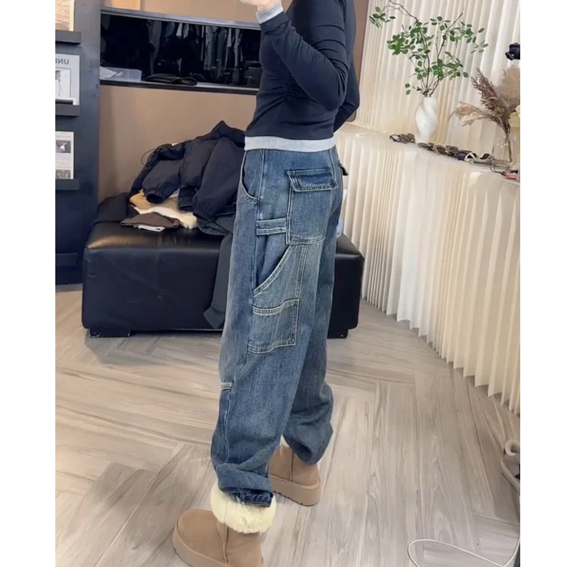 牛仔裤女2024新款秋冬季裤子显瘦高腰加绒加厚长裤时尚宽松蓝色