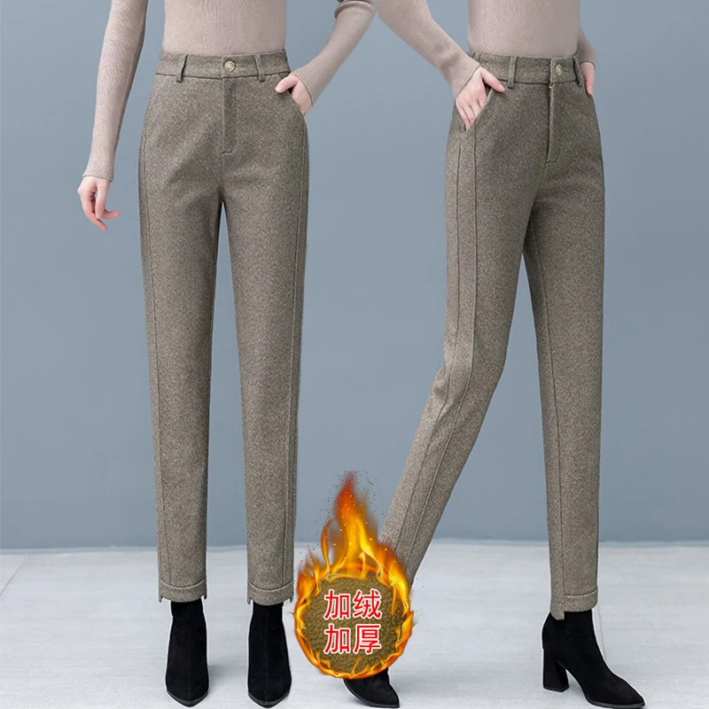 爆款加绒毛呢哈伦裤女秋冬2024新款韩版高腰显瘦休闲呢子小脚裤潮