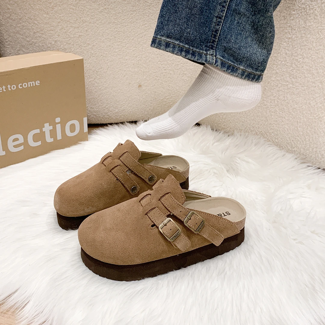 星期六厚底勃肯鞋女款2025夏季新真皮复古半拖一脚蹬防滑博肯鞋