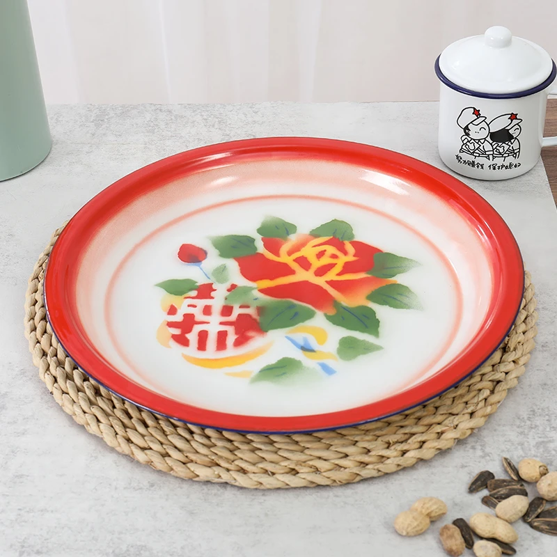 搪瓷茶盘子家用中式怀旧复古特色菜大盘鸡鱼盘铁托盘瓷盘婚庆茶具