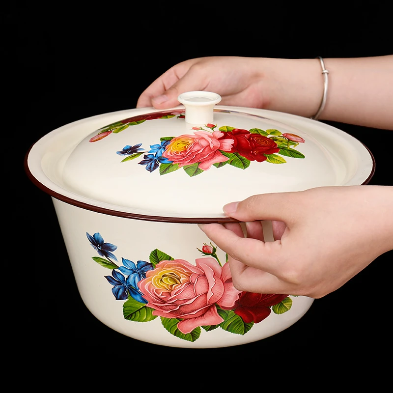 带盖老式搪瓷盆怀旧盖盆保鲜碗洗手盆拌馅和面盆猪油盆搪瓷洗手碗