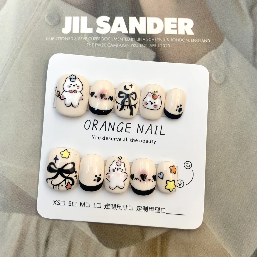【小波】橘一纯手工穿戴甲 简约 可爱甜美 夏日 手绘猫咪小波 美甲