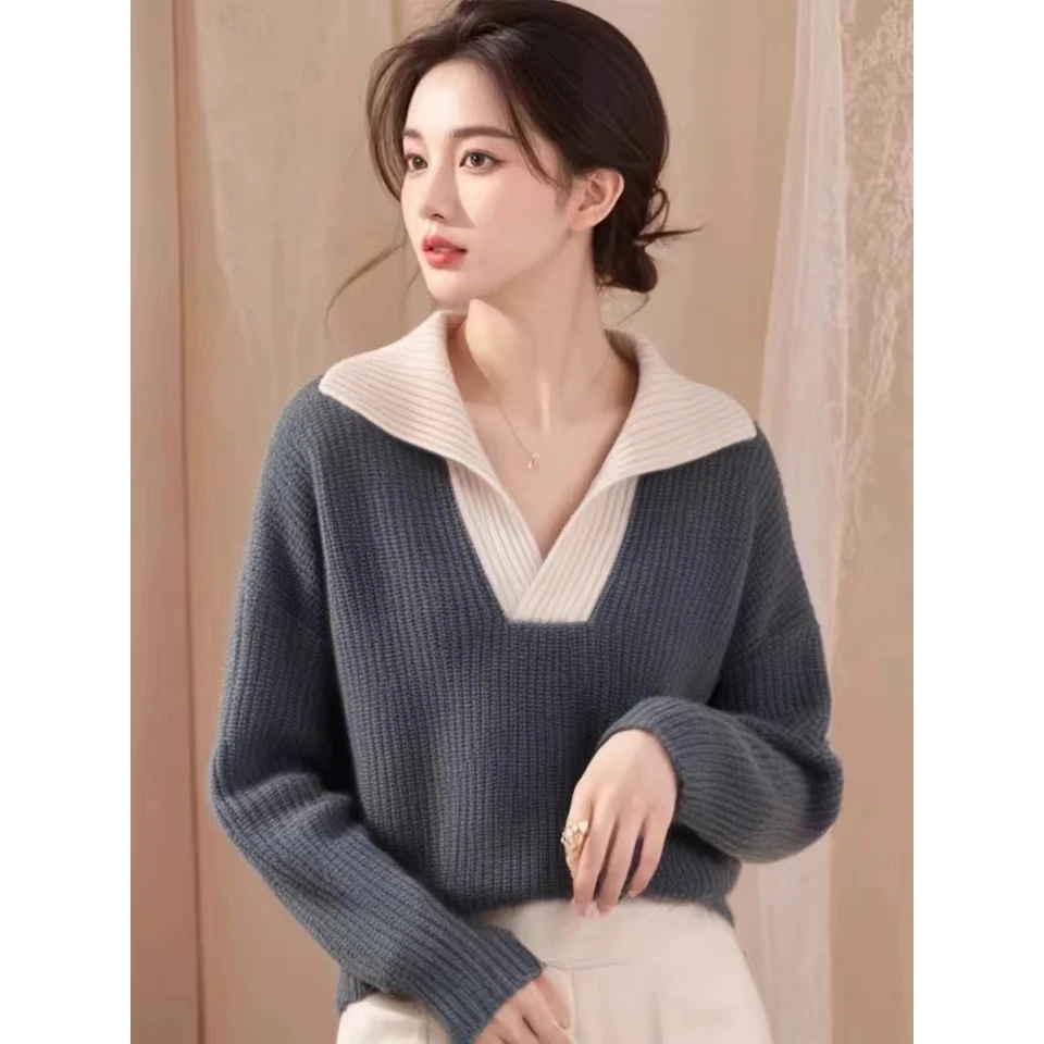 高级感超好看灰色翻领毛衣女2024秋冬新款宽松慵懒风松弛感针织衫