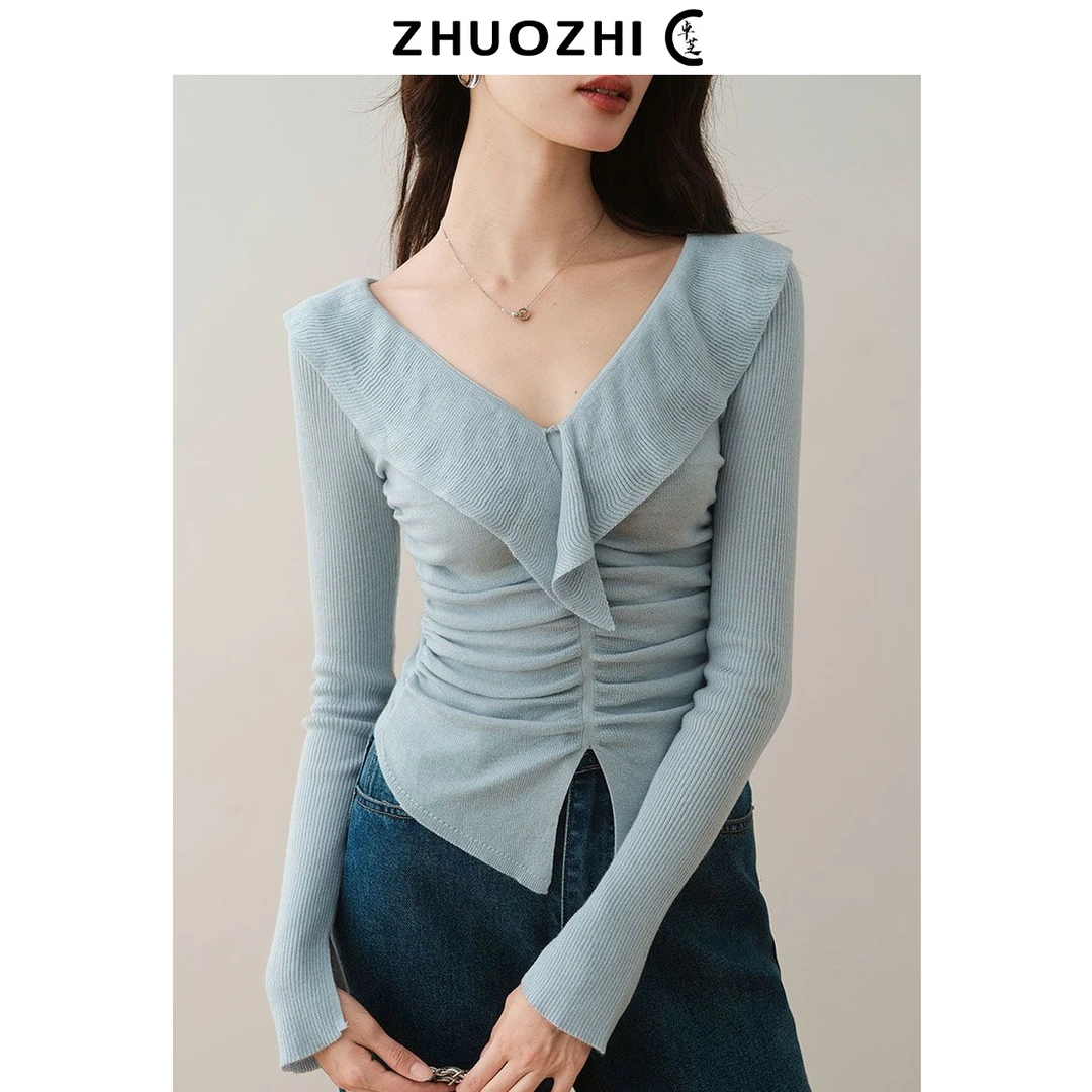 纯欲风荷叶边V领褶皱修身针织衫女早秋新款气质甜美收腰显瘦上衣