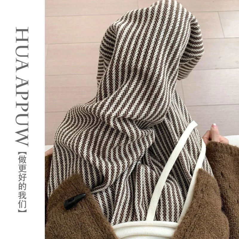 咖色竖条纹毛呢阔腿裤女秋冬加厚2023新款高腰垂感宽松直筒休闲裤