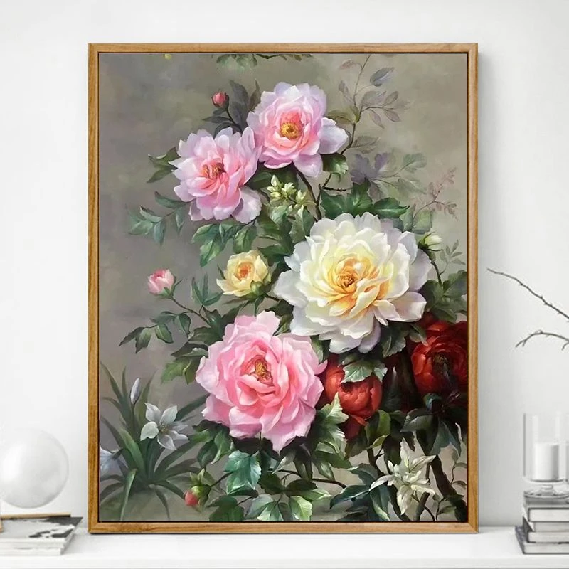 牡丹花数字油画diy礼物手工填色中国风油彩画手绘涂色客厅装饰画