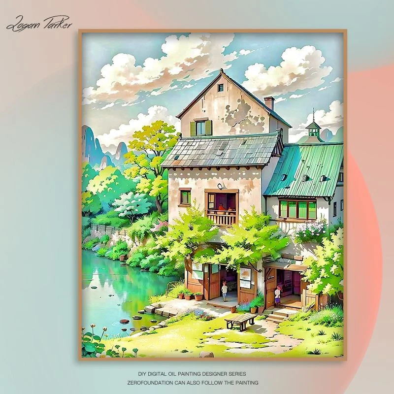 田园风景画涂色数字油画diy填色填充手工卡通手绘油画客厅装饰画