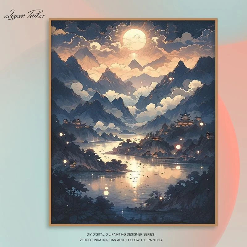 中国风山水涂色数字油画diy填色画手工手绘油画风景画客厅装饰画