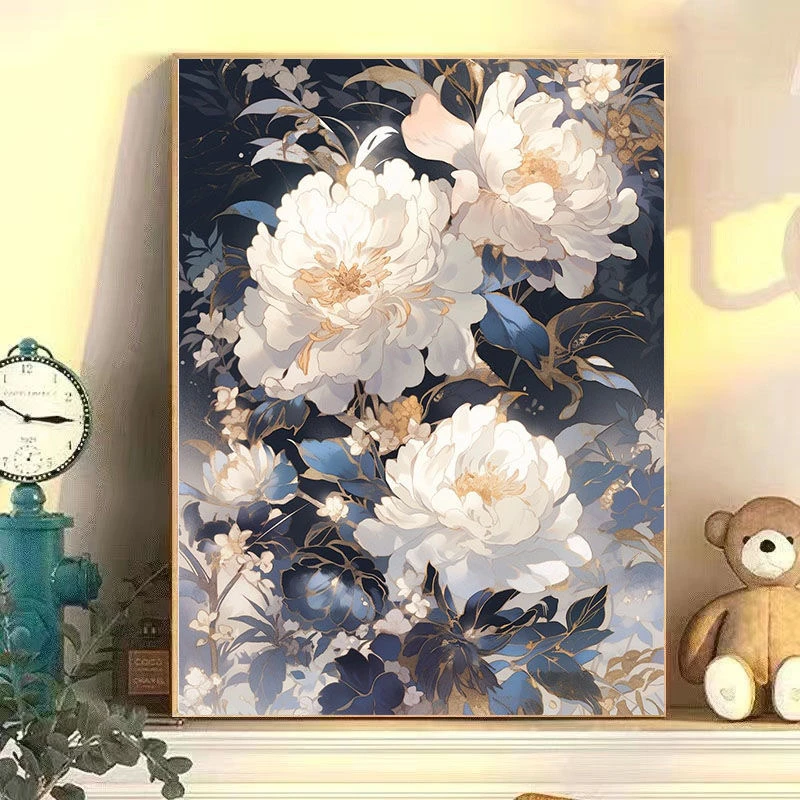 中国风牡丹花数字油画diy手工填色减压手绘涂色油彩画客厅装饰画