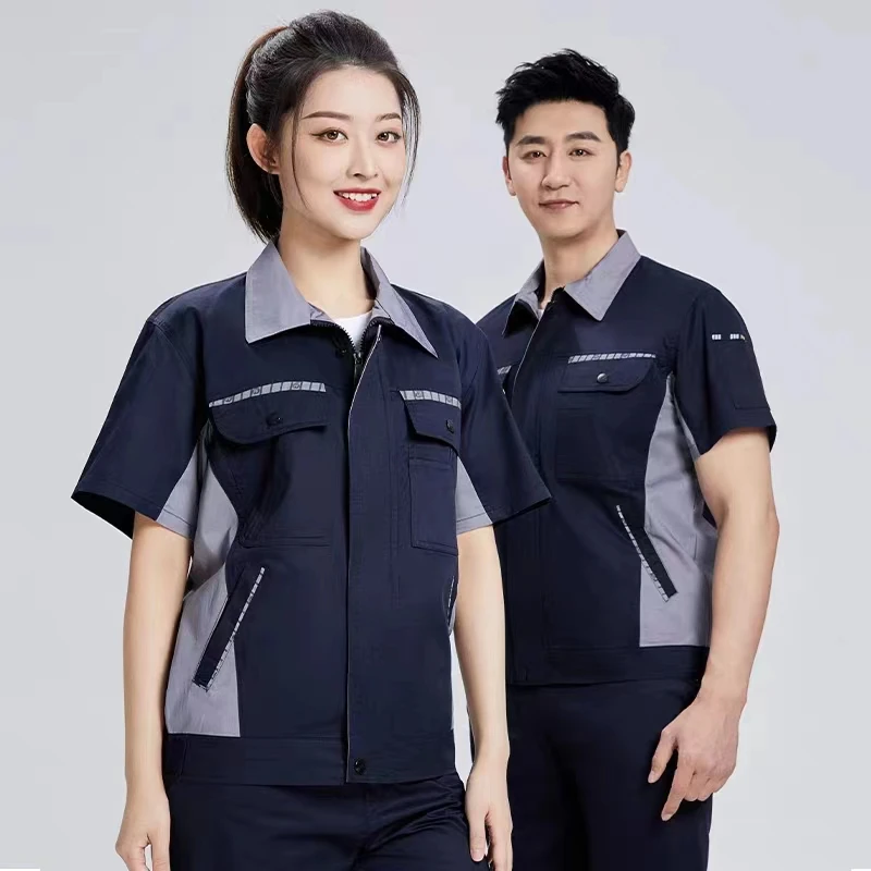 夏季短袖工作服套装男装薄款透气工地工程劳保服车间汽修厂服耐磨