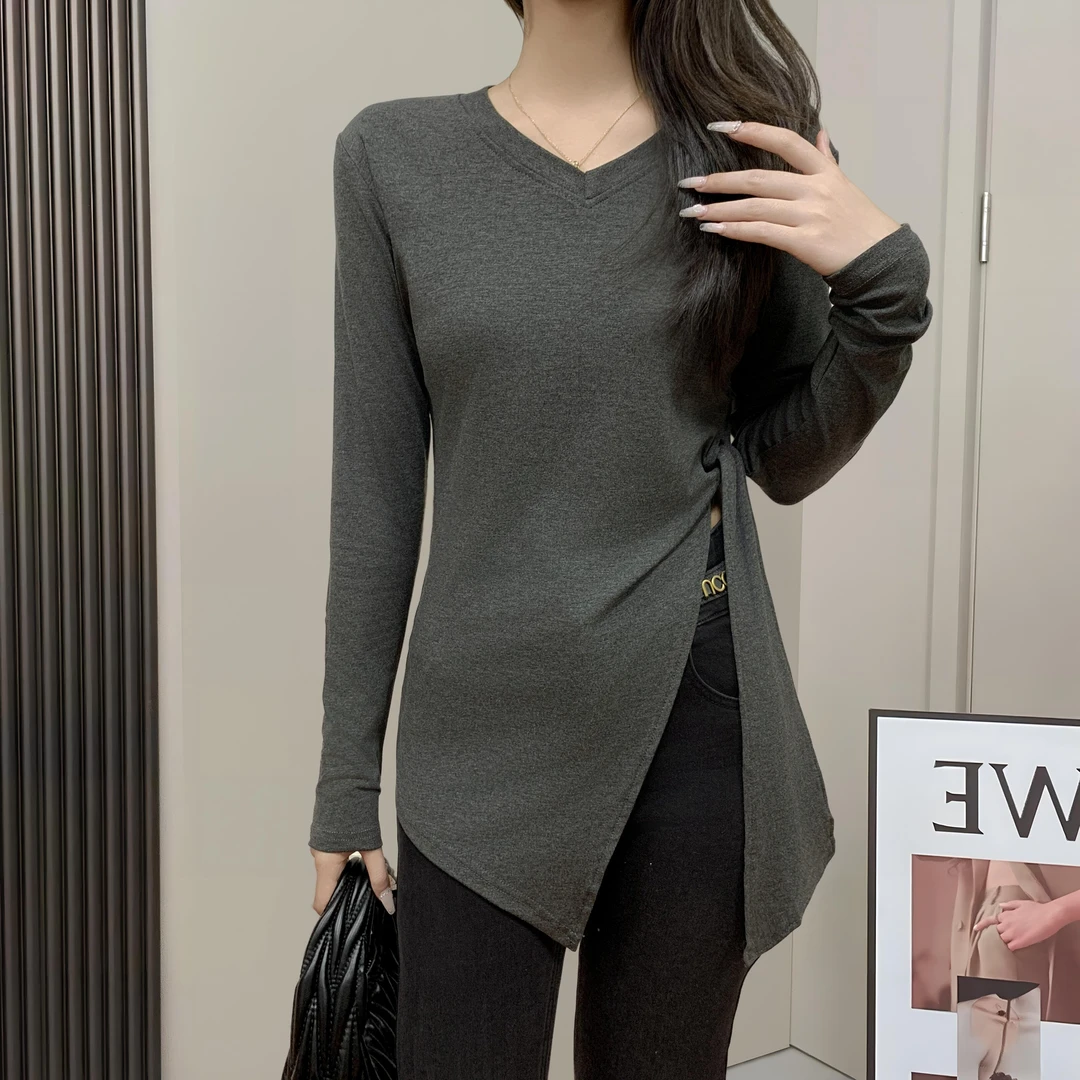 别致开叉不规则绑带长袖t恤女秋季设计感辣妹紧身上衣内搭打底衫