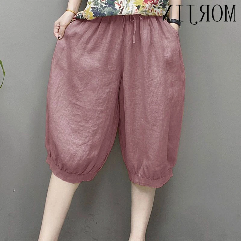 冰丝仿亚麻系带松紧腰灯笼阔腿裤五分裤女夏季新款宽松仿棉麻短裤