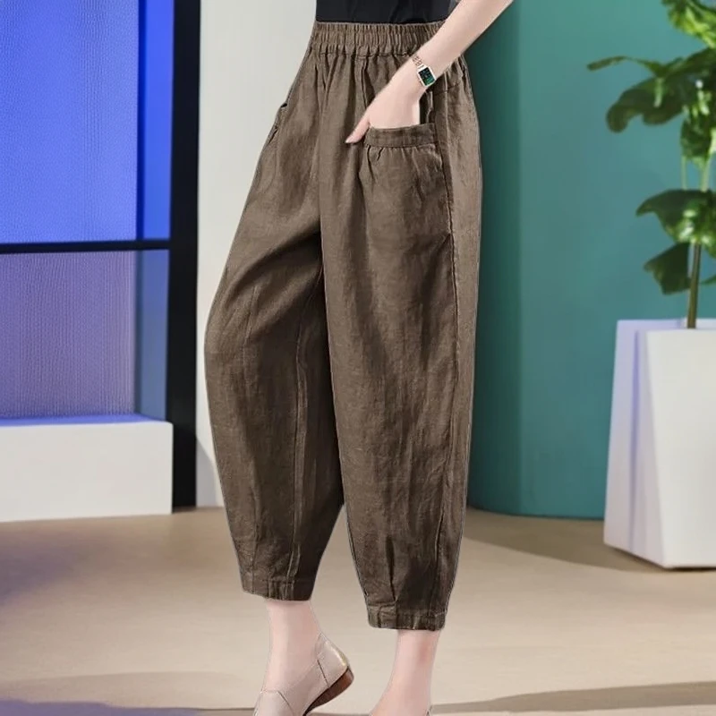 清仓捡漏夏季新款文艺大码冰丝妈妈哈伦裤女小脚裤百搭高腰九分裤
