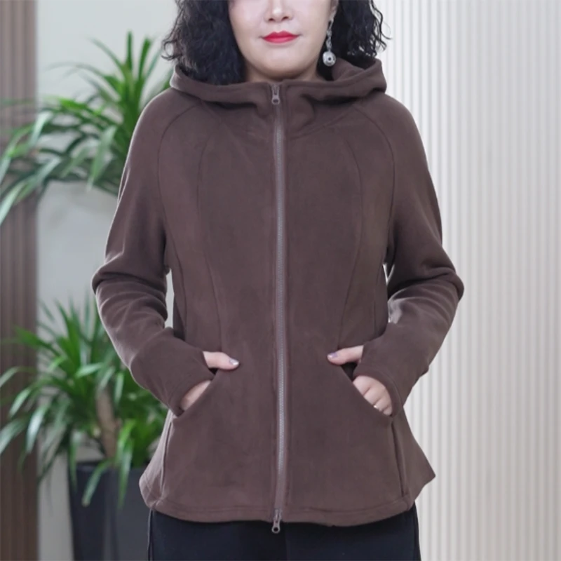 双面摇粒绒小蛮腰外套女大码弹力厚实保暖连帽休闲小火炉冬季上衣