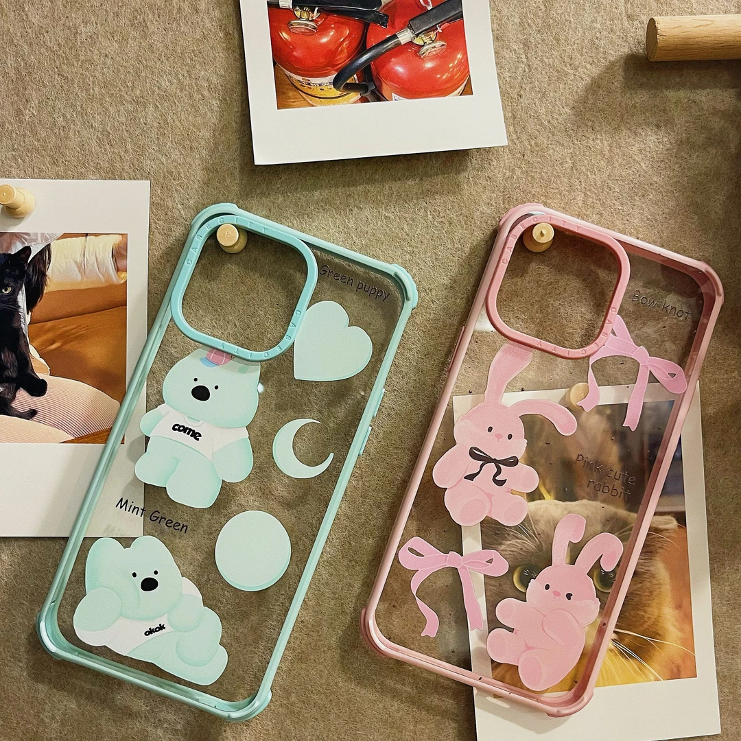 小众ins风可爱粉兔薄荷绿熊手机壳适用iPhone15promax/14/13/12