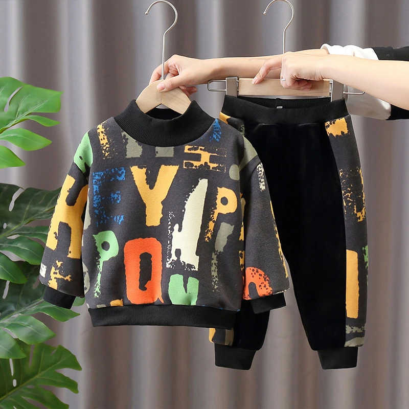 男童加绒套装秋冬装2024新款儿童加厚金丝绒童装