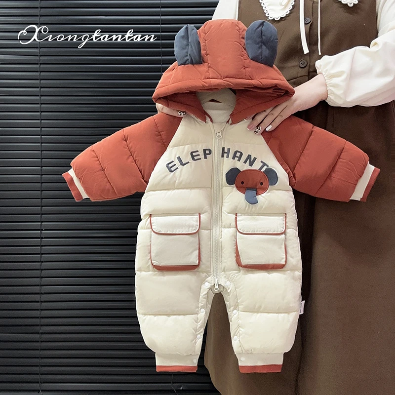 婴儿衣服冬装加绒男宝宝连体衣秋冬季夹棉保暖新生儿超萌外出服