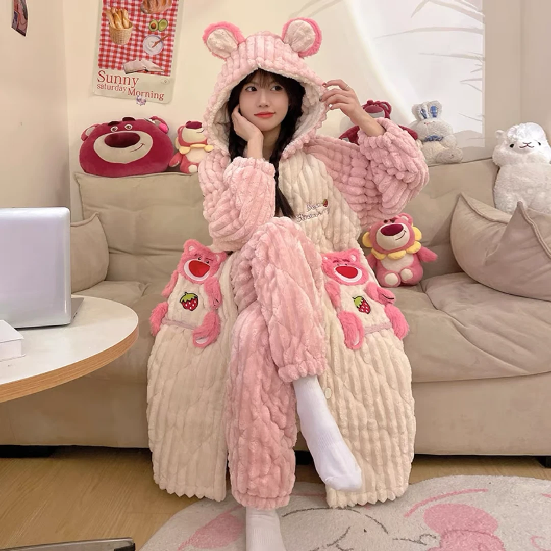 珊瑚绒睡衣女秋冬季加厚加绒三层夹棉袄法兰绒睡袍长款家居服套装