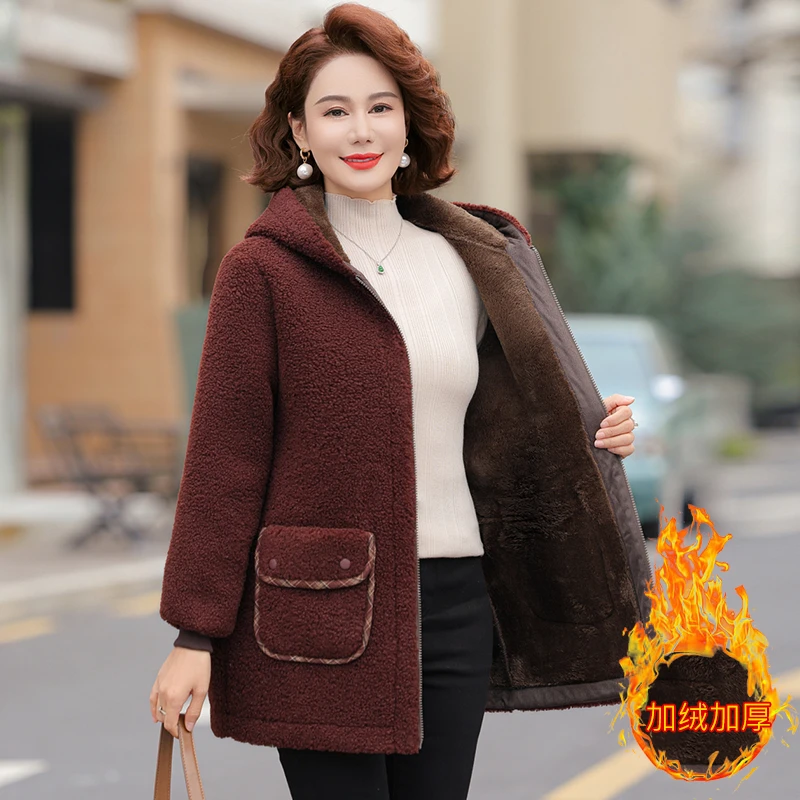 妈妈装冬装加绒加厚外套时尚连帽颗粒绒保暖棉衣女中老年洋气棉服