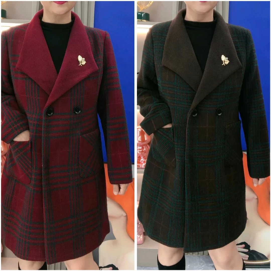 秋冬时尚格呢翻领大衣【百搭衣长85公分左右】挂里衬妈妈装外套高端