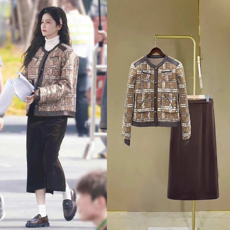 以爱为营白鹿郑书意同款chic法式小香风短外套小个子格纹毛呢上衣