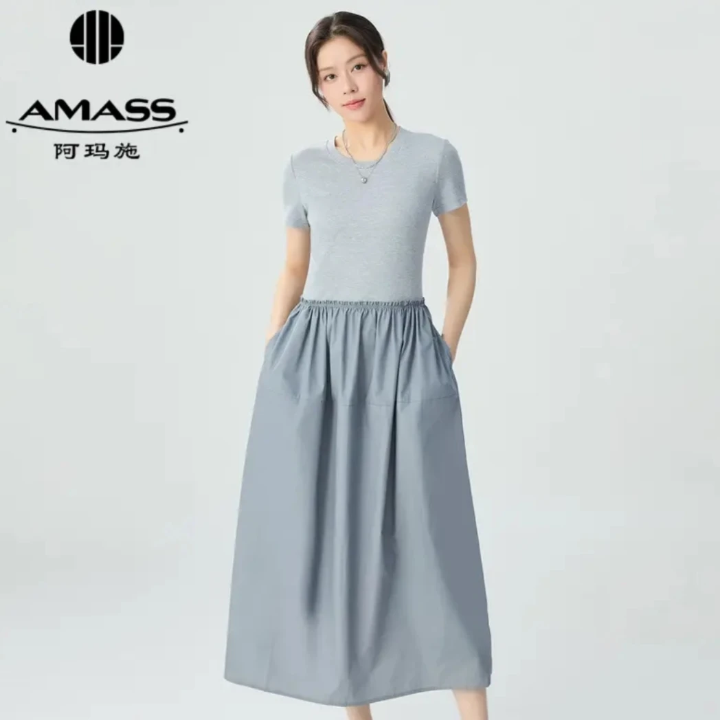 AMASS/阿玛施【灰色舞会】时尚百搭拼接短袖气质连衣裙女5500517