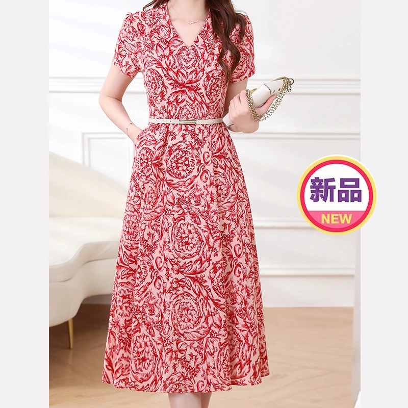 洋气V领女装连衣裙夏季印花设计师气质大摆红色过膝碎花裙子A410