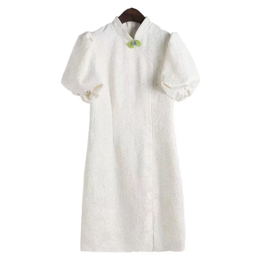 B9982 新中式国潮白色泡泡袖连衣裙