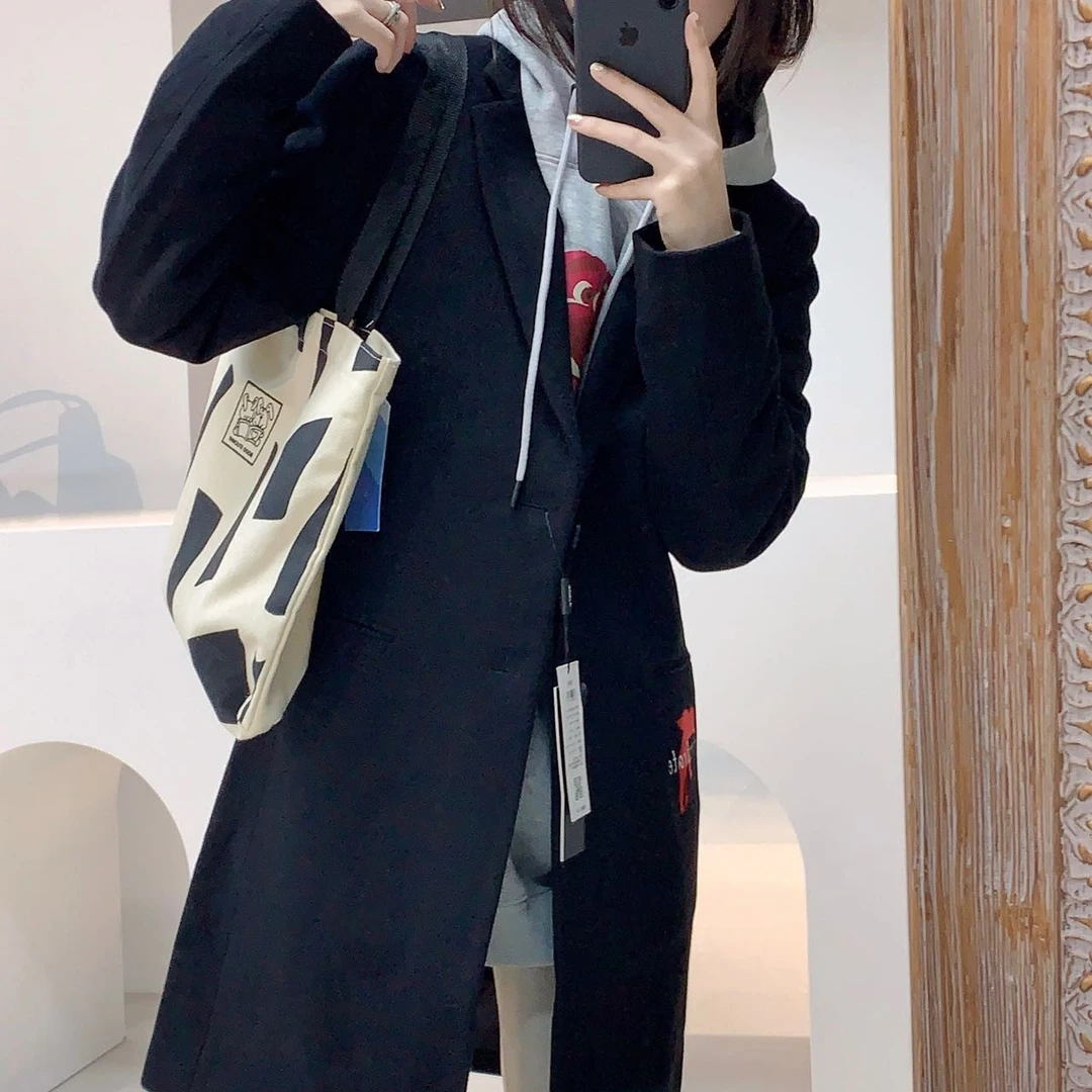 A5801 黑色中长款高级毛呢外套女春秋设计感遮肉显瘦 XX