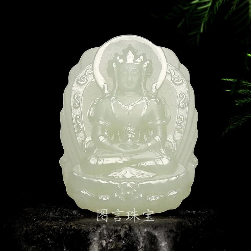 天然和田玉时尚手工双面雕刻祥云纹度母观音正装观音大气吊坠挂件