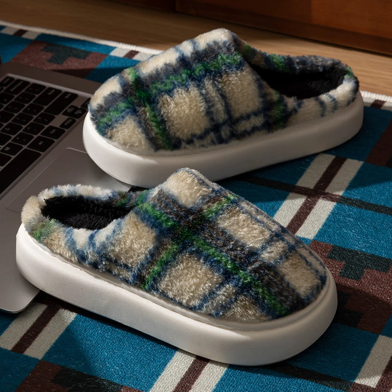 【4.0CM质量很好】香风格子厚底踩屎感毛绒居家防滑可外穿棉拖鞋