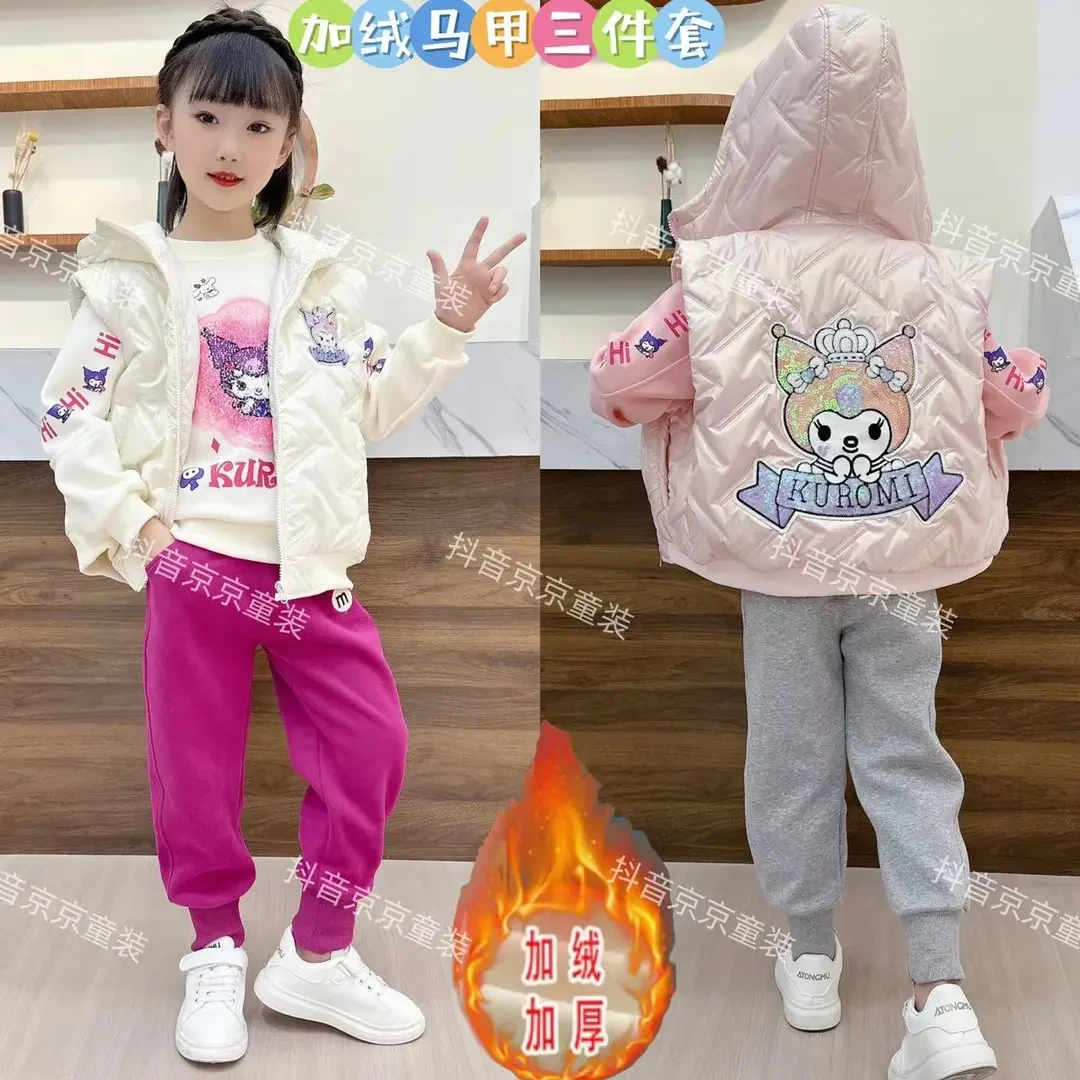 冬季新款儿童时尚加绒卫衣连帽马甲女童洋气保暖三件套女孩卡通潮