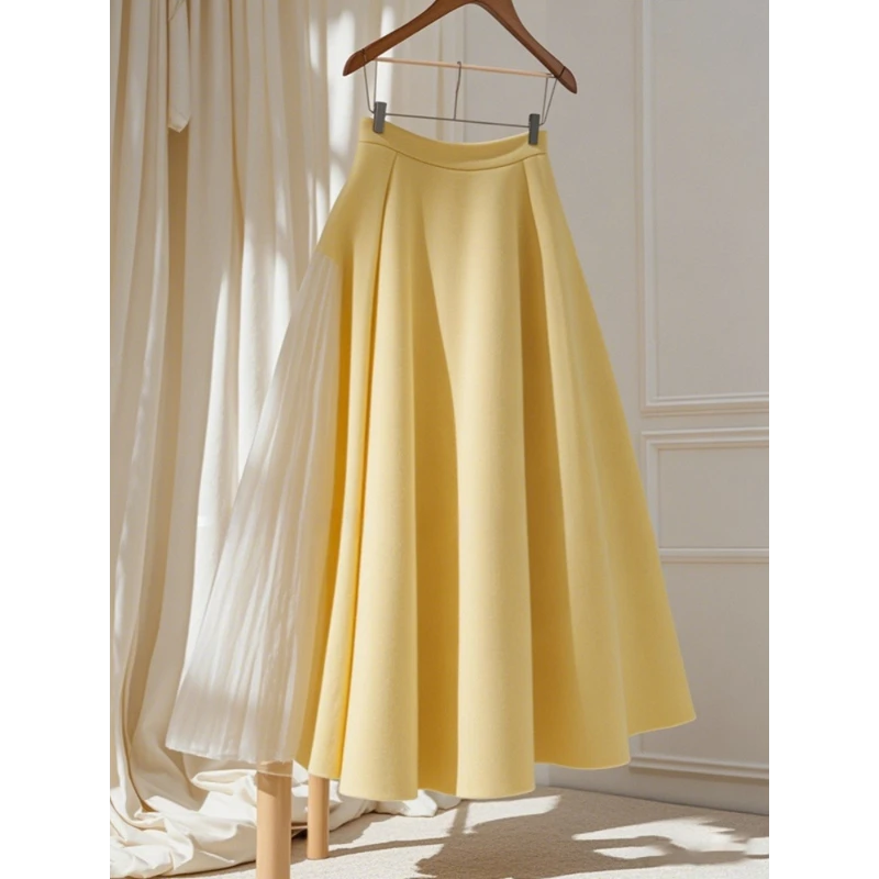 美爆了！森系小个子高腰显瘦a字裙气质黄色拼接百褶半身裙秋季裙子