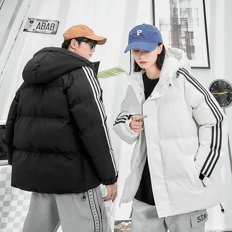 新款连帽棉衣男士三条杠冬季加厚棉袄外套韩版潮流宽松潮牌面包服