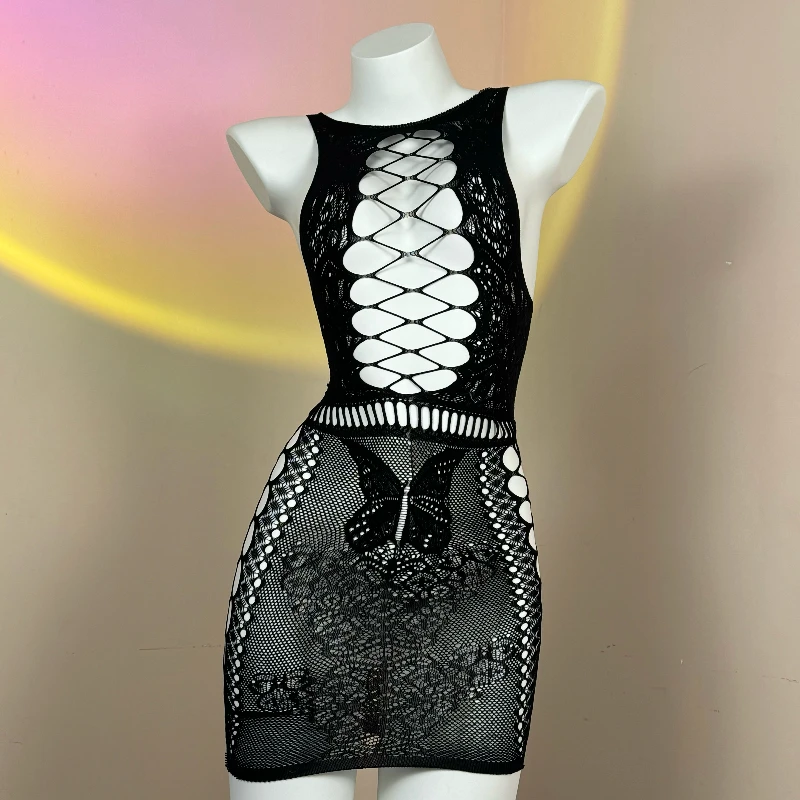 【蝴蝶撕撕乐】连体修身黑色网衣设计师女士露背性感弹力吊带睡裙