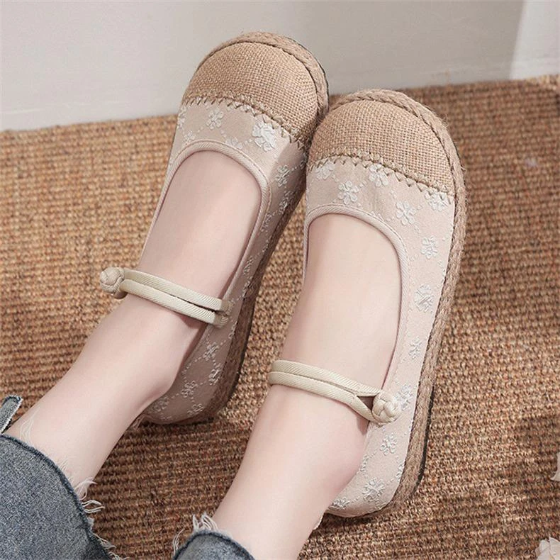 春秋中国风平底亚麻老北京布鞋复古汉服绣花鞋女民族风文艺渔夫鞋