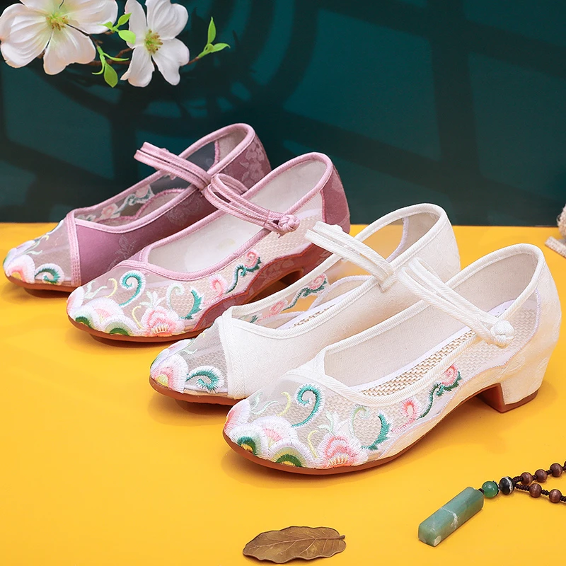 老北京布凉鞋女旗袍鞋夏季高跟绣花鞋民族风透气网纱汉服鞋中国风