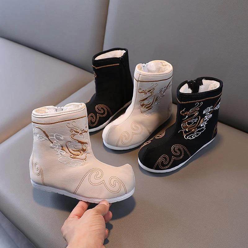 老北京布鞋儿童龙年新款绣花鞋男童汉服鞋中国风龙纹剌绣古风靴子