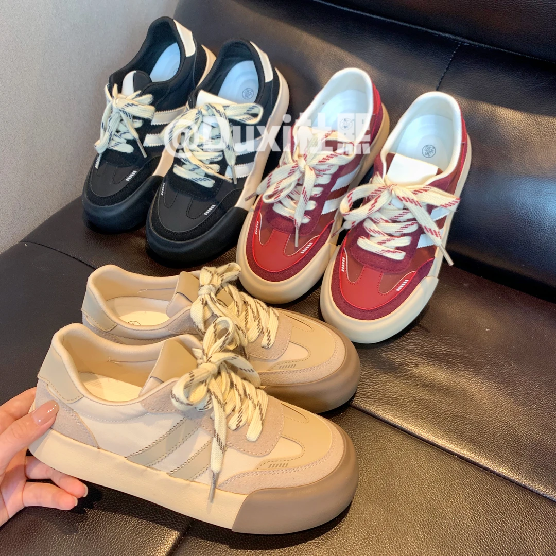 2024年早秋新款经典德训皮面拼接厚底百搭圆头女鞋