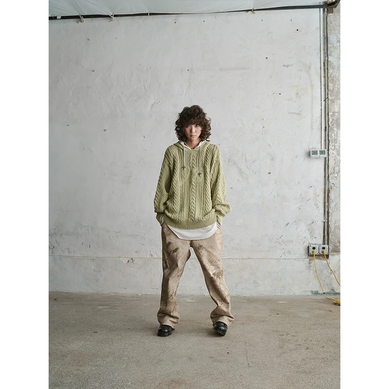 GOODBAI 916 logo刺绣麻花连帽毛衣外套 薄荷曼波配色