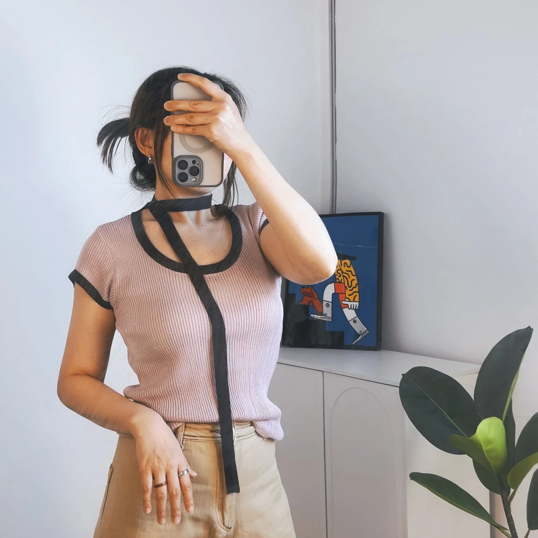 【调性丝带】天丝麻夏季显瘦时尚休闲户外透气撞色领口系带U领短袖