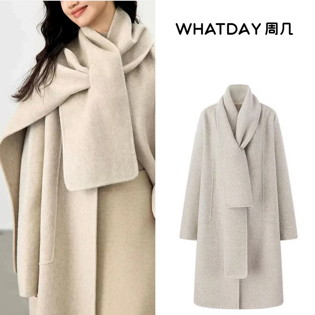 【朴淡】秋冬气质简约中长款带围巾双面羊毛大衣毛呢外套