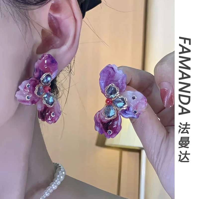 法曼达 铜合金合成锆石耳饰 【彩绘花璃】法式小众高级感花朵耳环女