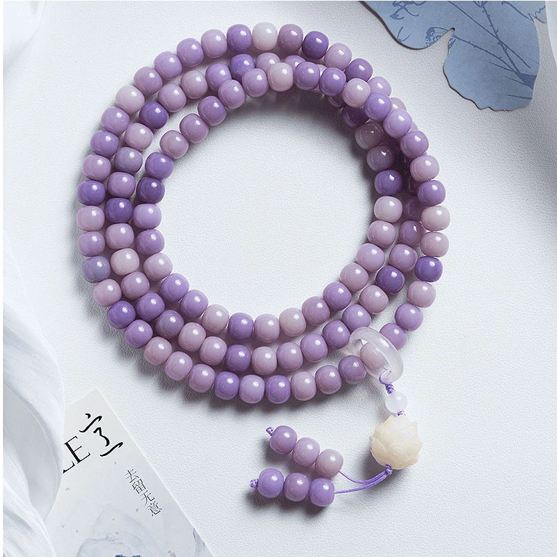 紫罗兰108颗白玉菩提根手串雕刻莲花女生文玩菩提子佛珠念珠手串