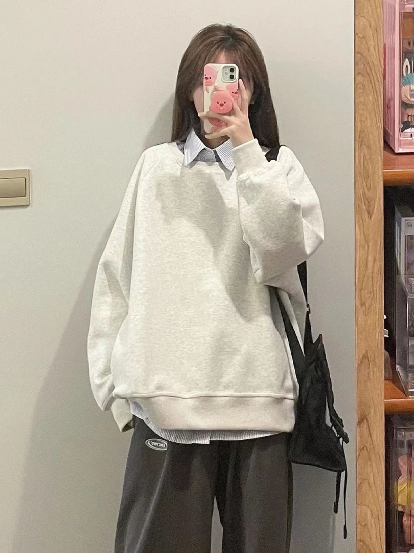 淡灰色纯棉简约韩版纯色圆领卫衣男女秋冬季宽松潮流休闲百搭上衣