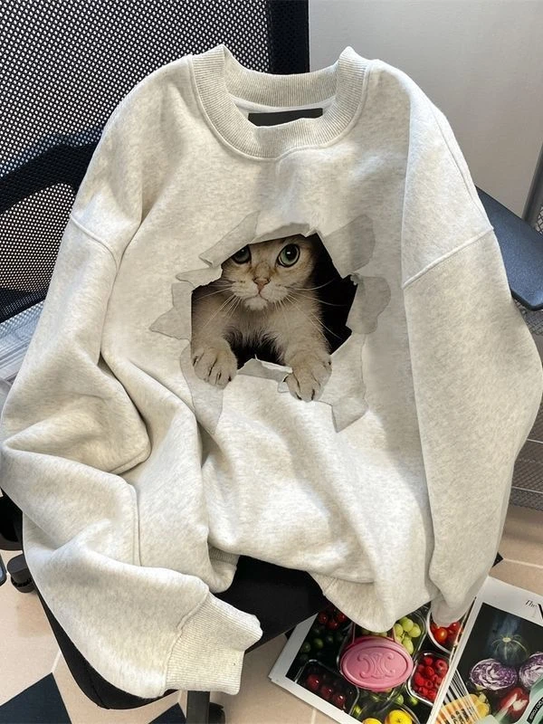 高级小众日系趣味猫咪印花纯棉卫衣男女秋季韩版休闲宽松圆领外套