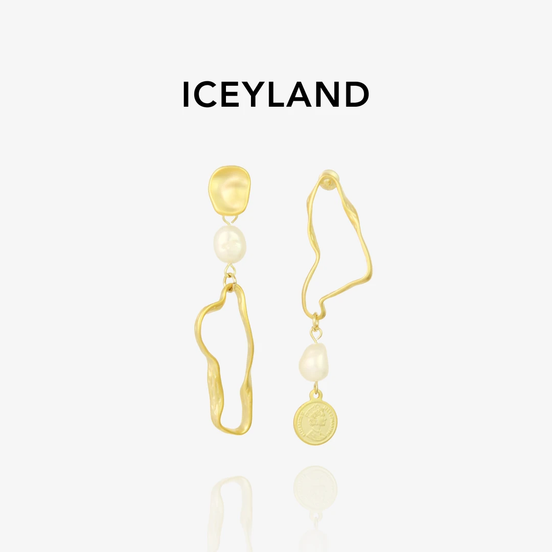 黄铜仿珍珠耳饰 ICEYLAND 法式复古耳环哑光不对称气质度假耳环