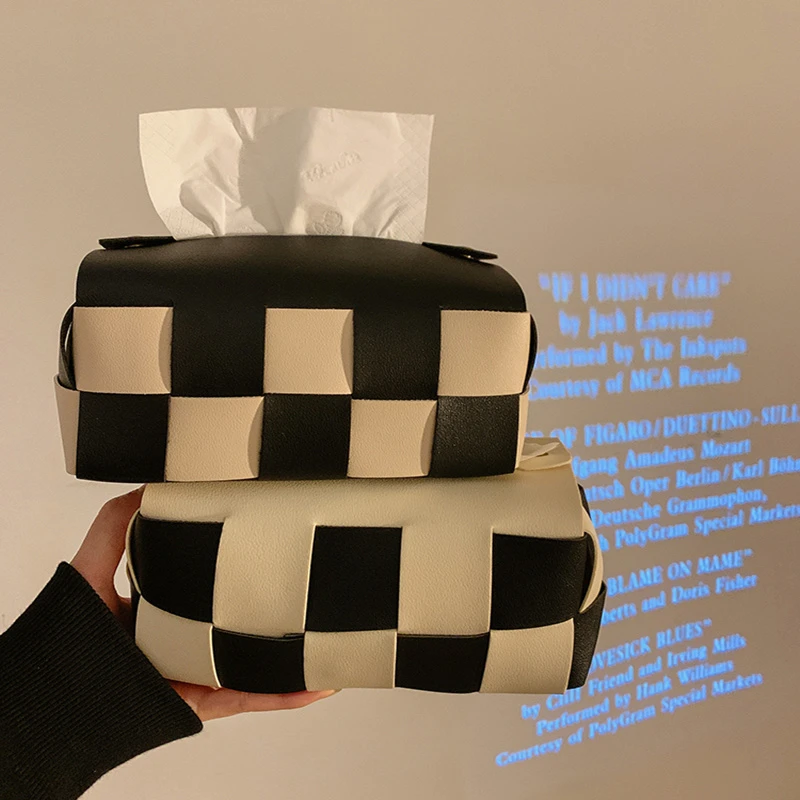 皮质棋盘格抽纸盒家用客厅创意网红款纸巾盒高级感餐巾纸盒子车载